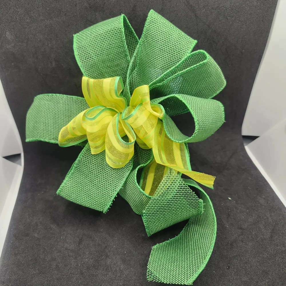 Hand Crafted Green & Yellow Hair Bow Barrette Clip Colorful Hair Accessory